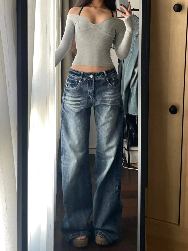 pantsparadises BACK TO SCHOOL OUTFIT Y2k Vintage Baggy Wide Leg Jeans for Women Washed Casual High Waist Loose Denim Pants Streetwear Korean Flared Trousers