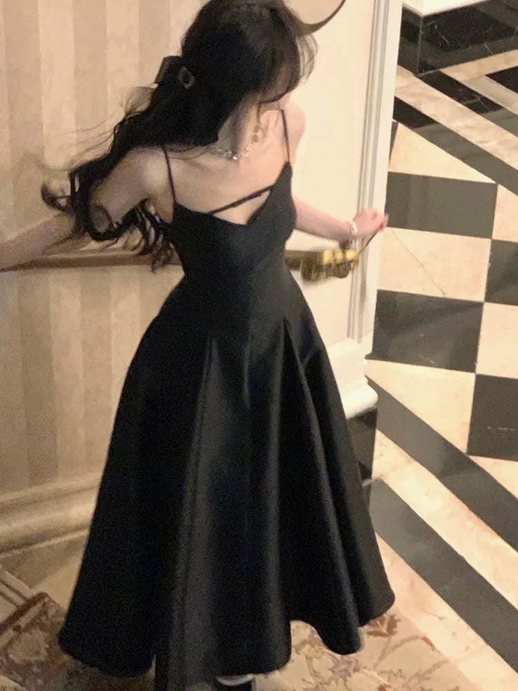 pantsparadises DRESS TO IMPRESS Elegant Solid Princess Evening Party Dress French Romantic Black Graduation Robe Korean Summer Spaghetti Strap Wedding Vestidos