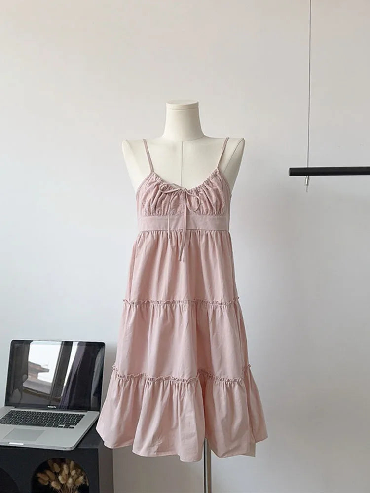 New Design Print Pink Spaghetti Strap Dress All-Match Elegant Temperament Sexy Prom Gown Sweet Bow A-Line Dress Cozy Streetwear