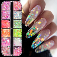 pantsparadises 12 Grids Aurora Chameleon Nail Glitter Flakes Irregular Crystal Glass Sequins Powder Shiny Mermaid Paillette Nail Art Decoration