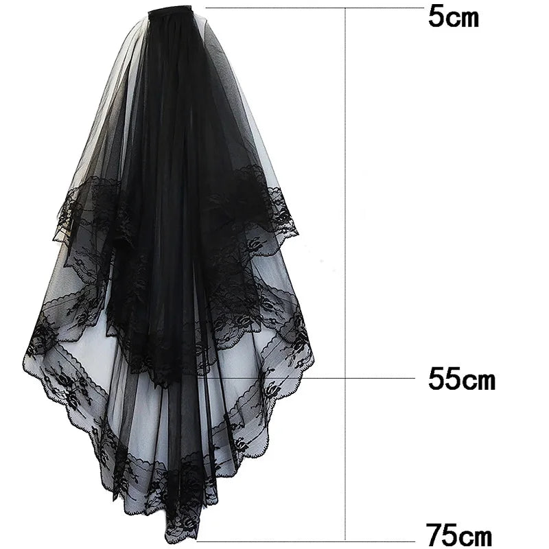 pantsparadises 2 Tier Black White Flower Lace Edge Bridal Veils with Comb Elegant Vintage Wedding Cosplay Performance Hair Accessories