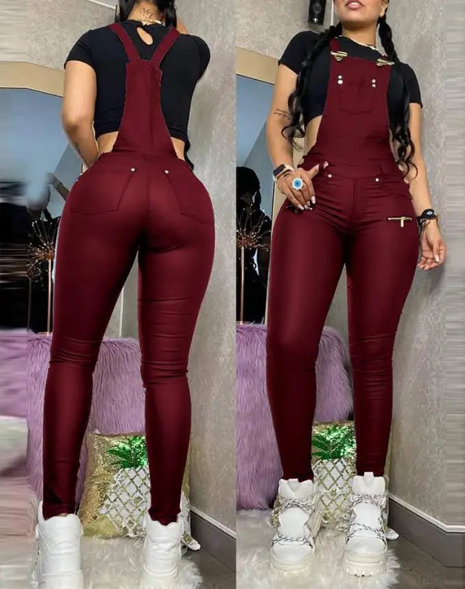 pantsparadises Cool Stylish High-End Buckle Zipper Design Solid Color Jumpsuit Pants Slim Fit High Waisted Tight Fitting Ankle Strap Overalls