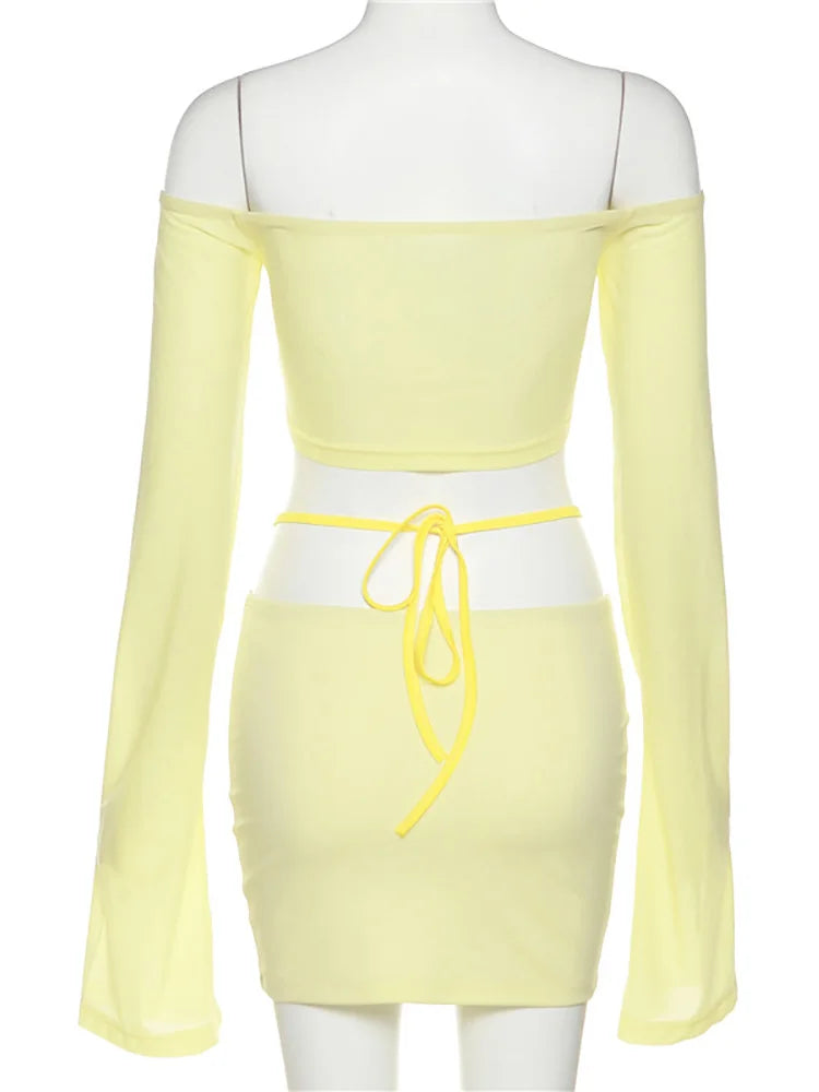 pantsparadises Y2K Aesthetics Sexy Co-ord Sets Yellow 2000s Clubwear Off Shoulder Flare Sleeve Crop Tops and Micro Skirt 2 Piece Suits