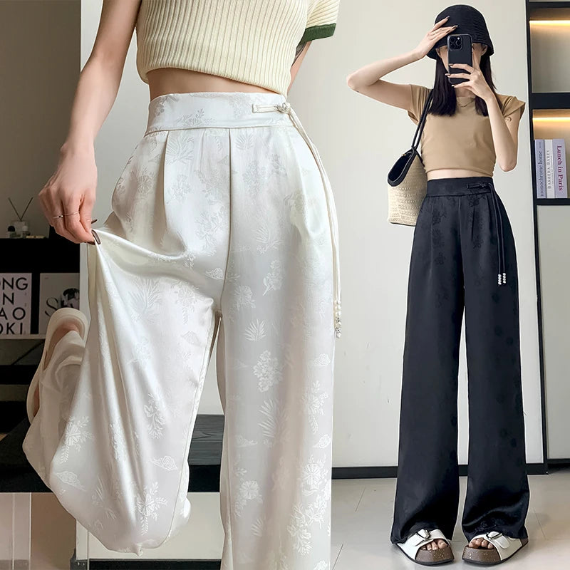 pantsparadises New 2024 Spring Summer Wide Leg Loose Pants For Women Black Or White Color Chinese Style High Waist Jacquard Trousers Women