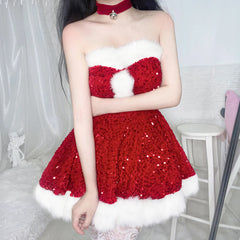 pantsparadises Christmas Costumes Christmas Dress Up Glitter Adult Christmas Clothes Strapless Clothing Set Halloween Carnival Outfit