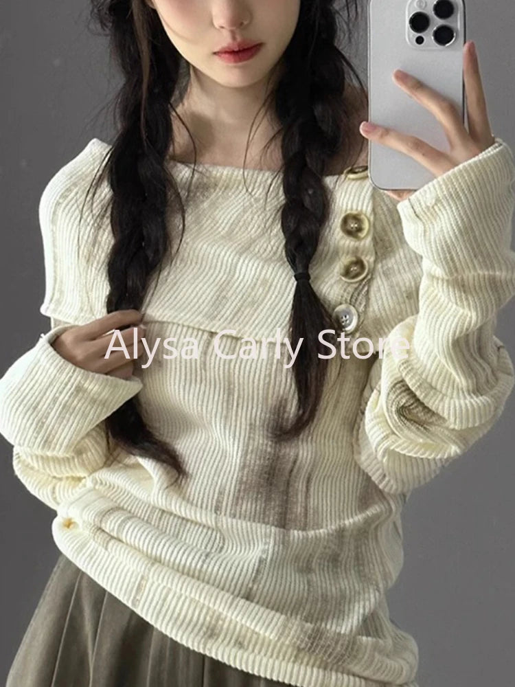 pantsparadises French Winter Slim Knitted Pullover Women Slash Neck Long Sleeve Button Thin Sweater Fashion Design Casual Y2k Office Lady Tops