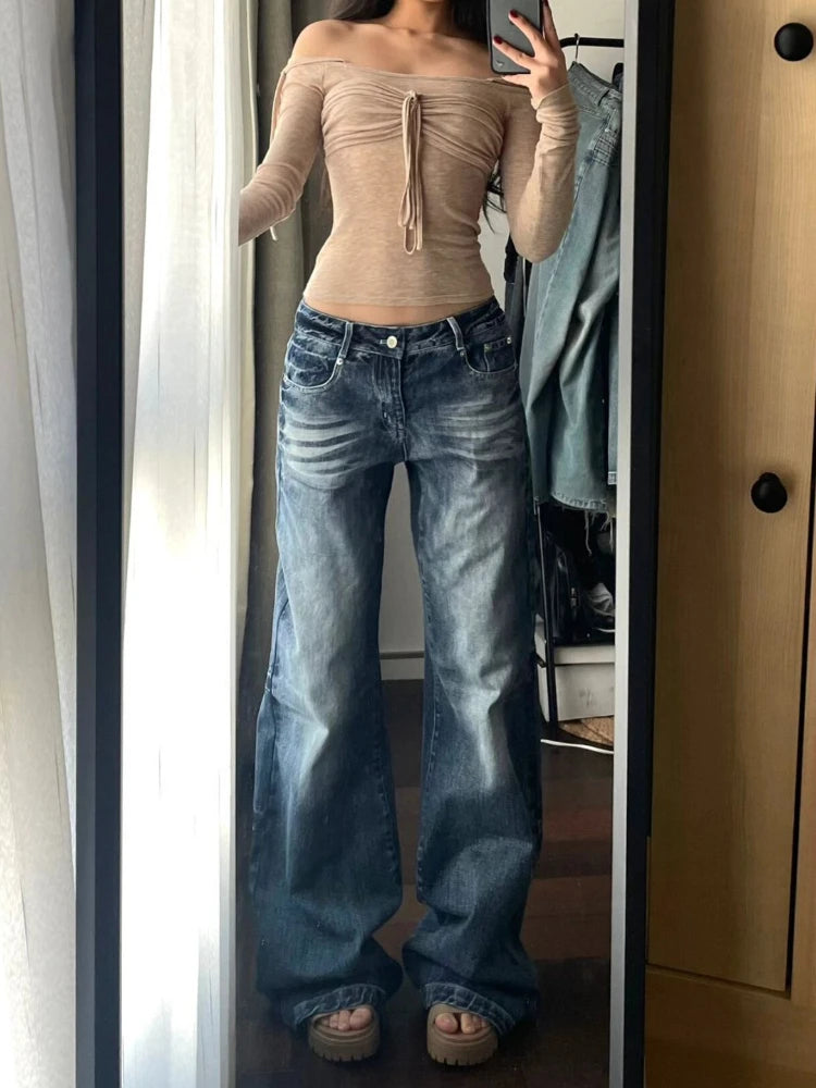 pantsparadises BACK TO SCHOOL OUTFIT Y2k Vintage Baggy Wide Leg Jeans for Women Washed Casual High Waist Loose Denim Pants Streetwear Korean Flared Trousers