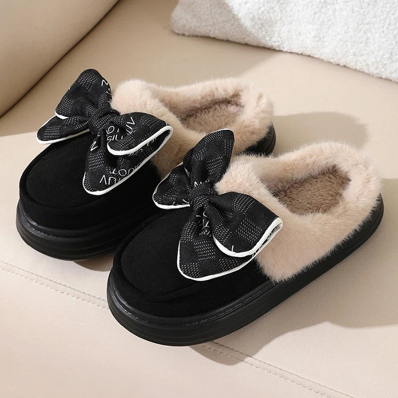 pantsparadises Women's Warm Home Slippers Cute Autumn Winter Bow Thick Plush Non-Slip Leisure Shoes Soft Bedroom Platform Flat Slides