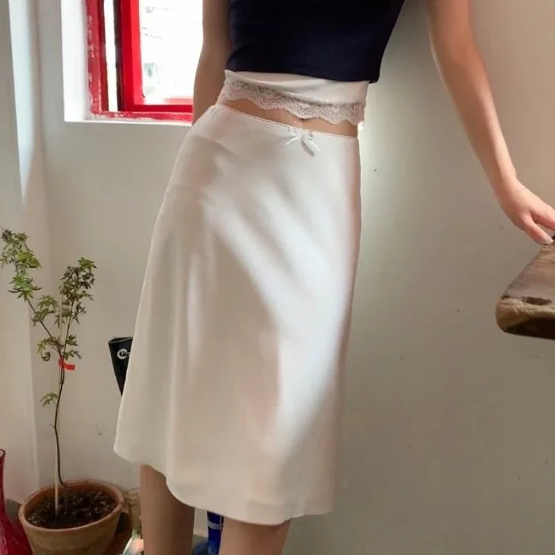 pantsparadises Elegant White Women Satin Skirt Fairycore Ruffle Mid Skirts Coquette A-line Basic Casual Korean Style Summer Silk Skirt