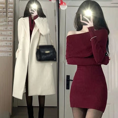 pantsparadises DRESS TO IMPRESS Elegant Beautiful Women's Bodycon Dresses Slim Fitting Solid Color Fashion Autumn Off Shoulder Wrap Dress Dresses Winter