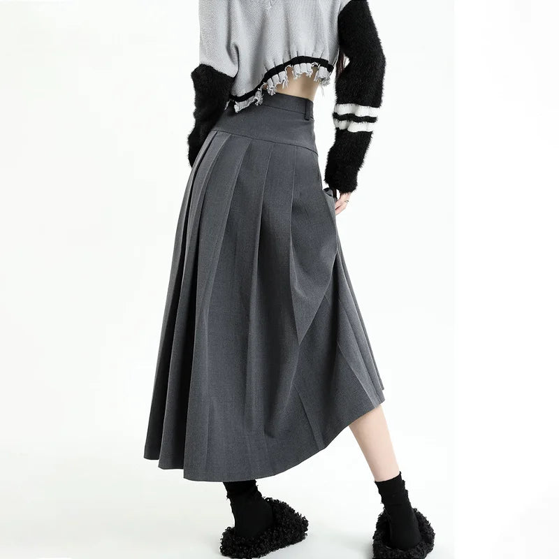 pantsparadises Vintage Grey Suit A-line Skirt Women's Spring Autumn College Style High Waist Pleated Mid Length Skirt Femal