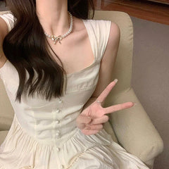 pantsparadises DRESS TO IMPRESS Women Beige Dress Sexy Sweet Elegant Backless Ruffle Edge Mini Skirt Fashion Square Collar Lady Pleated Short Dresses Summer