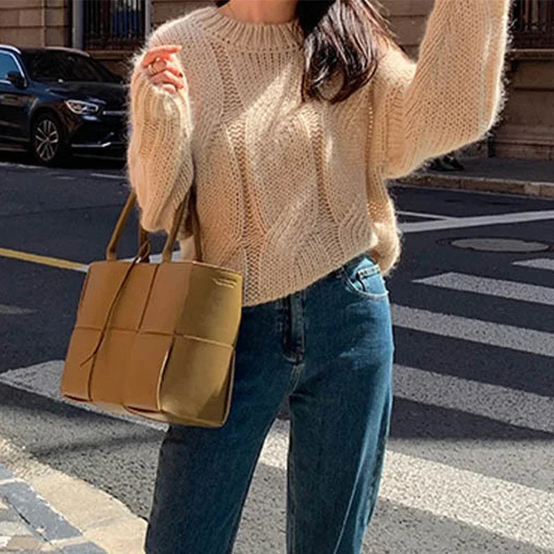 pantsparadises Women Sweaters y2k Clothes Solid Color Round Neck Long Sleeve Cable Knitted Pullover Tops 2000s Clothing Streetwear