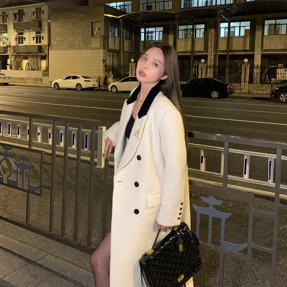 pantsparadises WINTER OUTFITS White Suit Coat Women Winter Jackets New Korean Fashion  Loose Temperament Mid Length Thick Long Coats Autumn Clothing