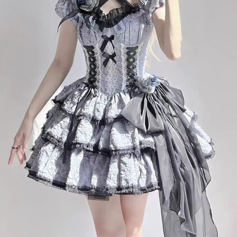 pantsparadises DRESS TO IMPRESS Gothic Lolita Jsk Dress Women Victorian Retro Elegant Flower Ruffles Lace Bandage Mini Dress Halloween Girl Sweet Dress