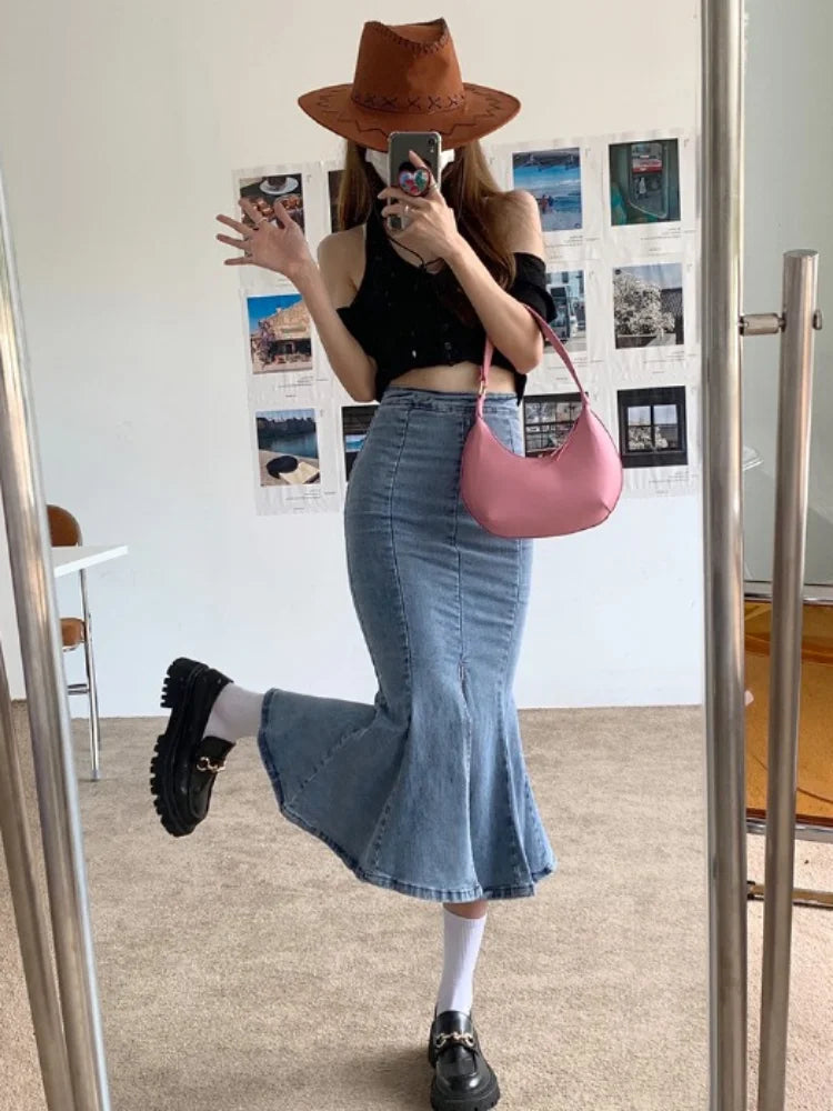 pantsparadises Denim Slit Long Skirt Women Korean Fashion Vintage High Waist Bodycon Ruffles Mermaid Midi Skirt Elegant Chic Summer