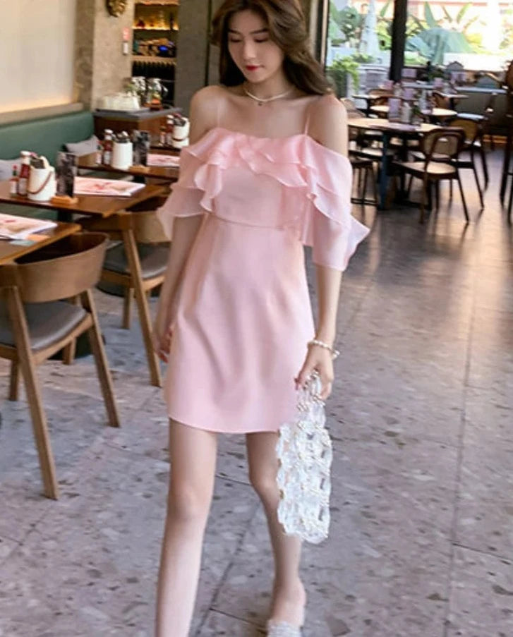 pantsparadises DRESS TO IMPRESS Pink Sweet Fairy Dress Women Ruffles Design Sexy Party Mini Dress Female Spring Elegant Princess Casual Korean Strap Dress