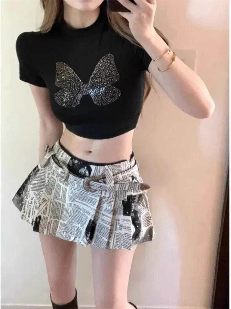 pantsparadises American Printed Pleated Skirts Autumn New Low Waisted A-line Skirt for Women Y2k Grunge Faldas Mujer Newspaper