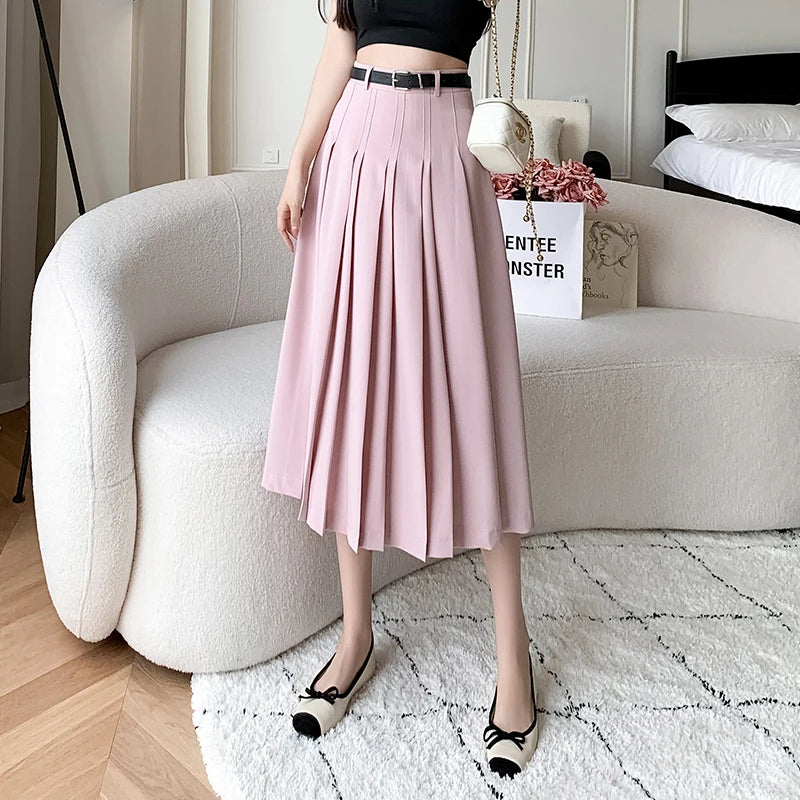 Spring Summer High Waist Midi Pleated Skirts Womens Fashion A-line Casual Suit Skirt Ladies Elegant Vintage Umbrella Skirt