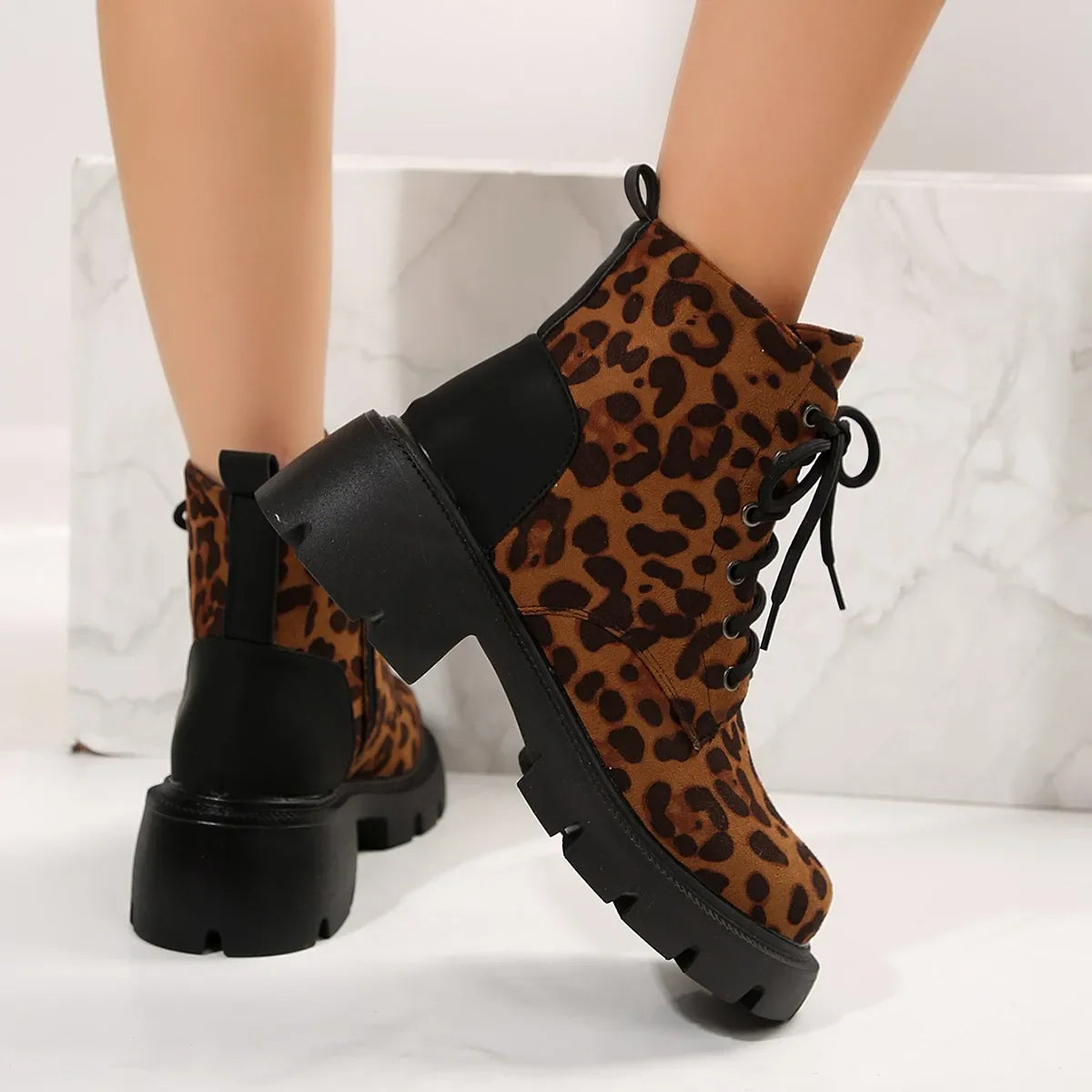 pantsparadises Sexy Leopard Ankle Boots for Women Autumn Winter Low Square Heels Plus Size 43 Short Booties Shoes Woman Motorcycle Boots