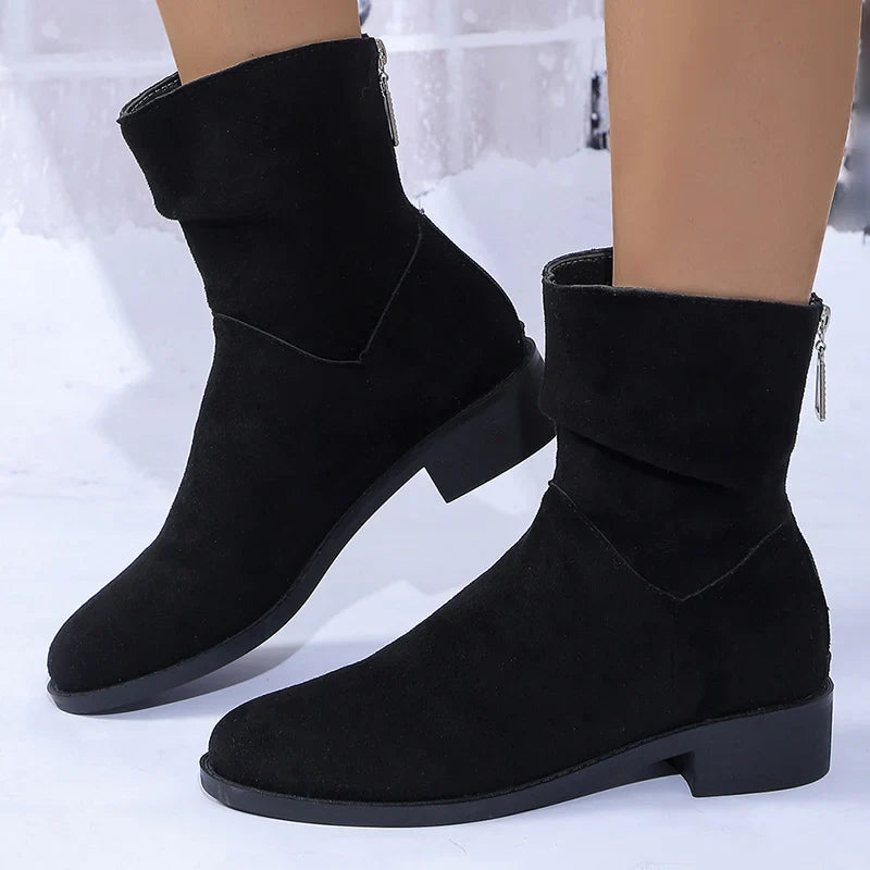 pantsparadises Autumn Womens Solid Pleated Ankle Boots Fashion Faux Suede Square Heel Boots Ladies Round Toe Back Zipper Office Shoes Boats