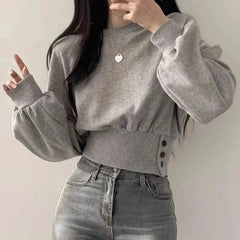 pantsparadises FALL OUTFITS Autumn Women Solid O-Neck Slim Crop Top Lantern Sleeve With Button  Sweat Casual Hip-Hop Sporty Pullover Sweet Chic Street Wear