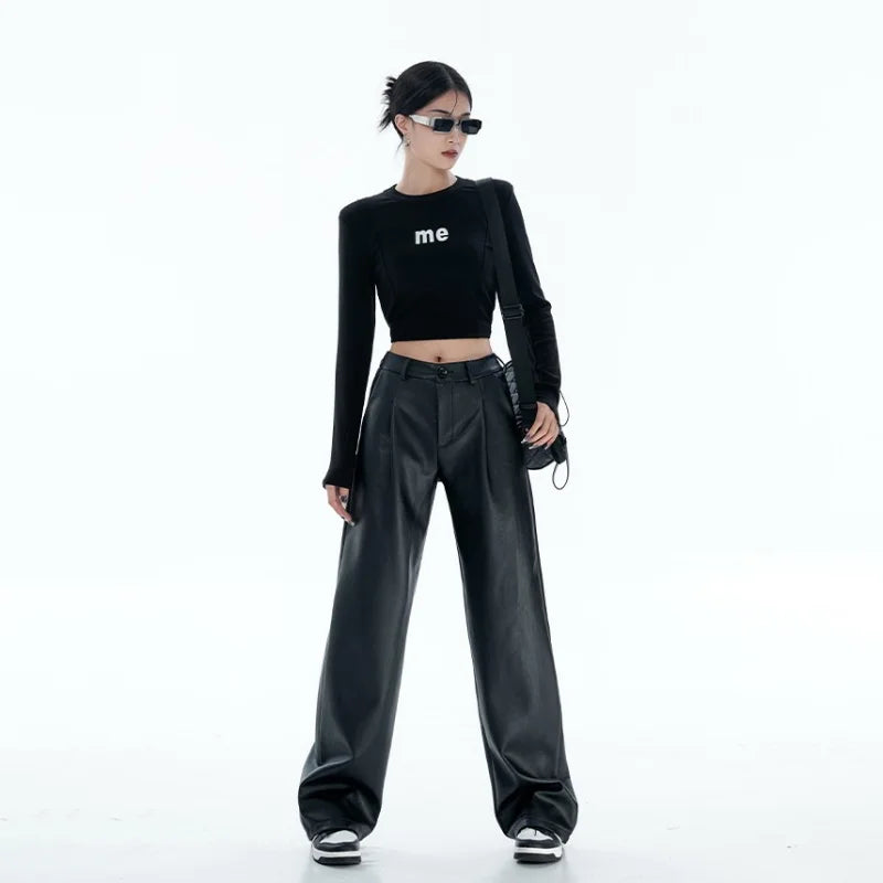 pantsparadises Black PU Leather Pants Women Casual Korean Fashion Baggy High Waist Straight Wide Leg Pants Streetwear Y2K Vintage Goth Punk