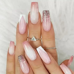 pantsparadises 24Pcs Pink Glitter False Nails White Gradient Long Ballet with Heart French Design Wearable Fake Nails Press on Nails Tips Art