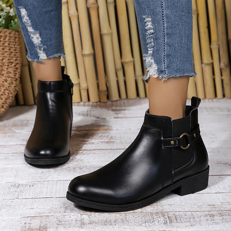 pantsparadises Pu Leather Classics Black Thick Heel Ankle Boots Metal Zipper Low Platform Woman Shoes Winter Round Toe Slip On Short Boots