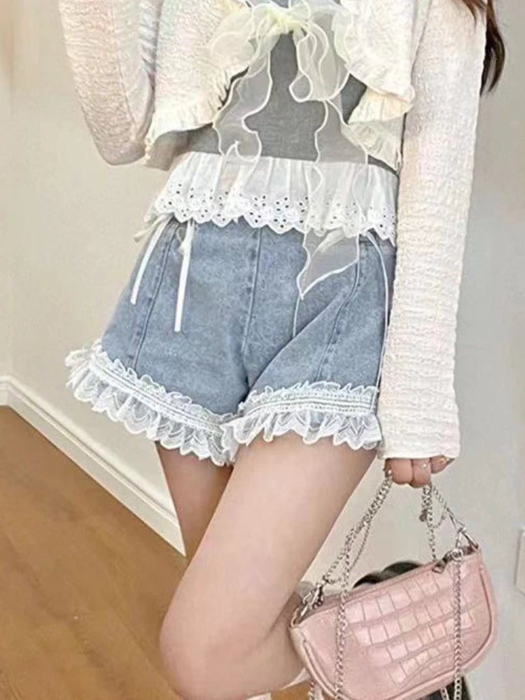 pantsparadises Japanese Sweet Lace-up Denim Shorts Women Summer Lace Ruched Elegant Jeans Female Korean Fashion Bow Hight Waist Shorts New