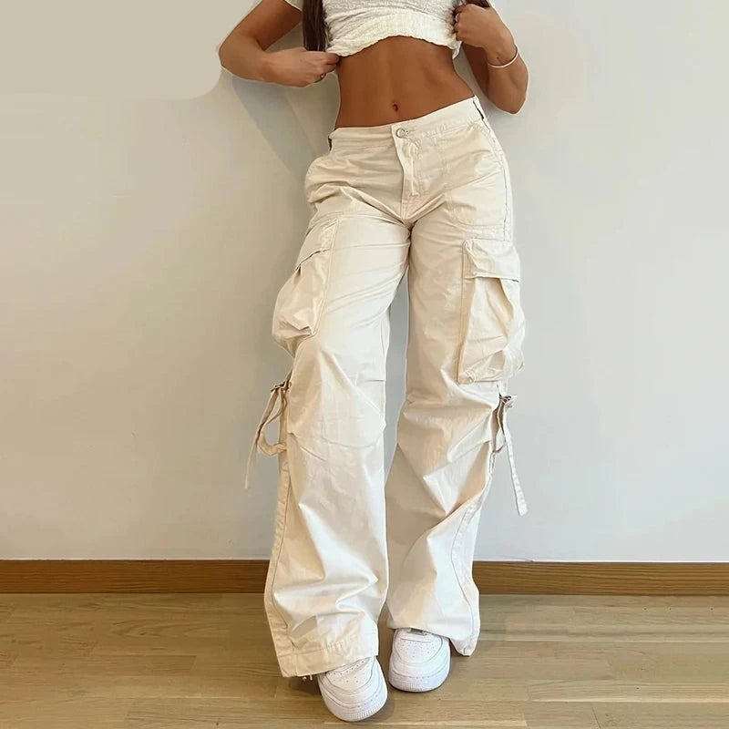 Streetwear Basic Buckle Cargo Pants Women Solid Straight Leg Big Pockets Baggy Trousers All-Match Y2K Sweatpants Chic