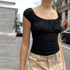 pantsparadises y2k Crop Top Women Aesthetic Clothes Solid Color Short Sleeve Ruched T Shirt Basic Baby Tee 2000s Clothing Streetwear