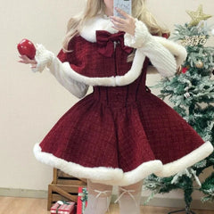 pantsparadises Christmas Outfits Sweet Lolita Style Dress Sets Women Elegant Bow Plush Shawl Short Jackets Mini Skirts Suit Kawaii Christmas New Year 3 Piece Set