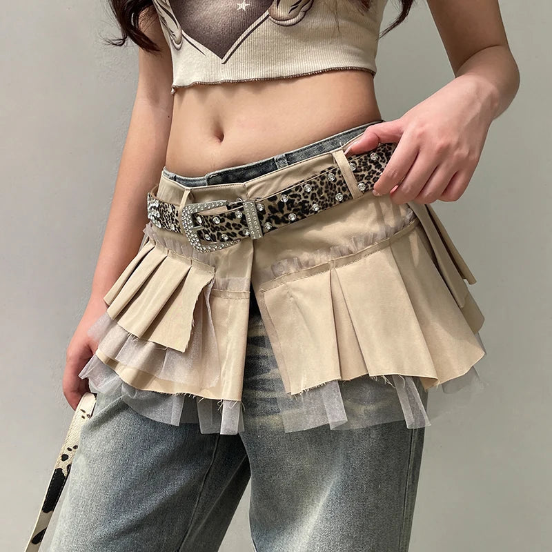 pantsparadises Fairycore Grunge A-line Cargo Skirt Khaki Low-waisted Mesh Patchwork Pleated Super-short Skirts Layering Bottoms Street