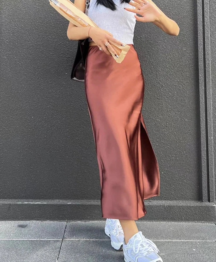 pantsparadises Silk Satin Skirts for Women 2024 Summer Casual Style A-line Solid Color Elastic High Waist Side Slit Champagne Skirt