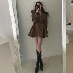 pantsparadises Dresses for Women Spring Short Mini Clothes Ruffle Woman Dress Long Sleeve Outfits Summer Cheap Casual Retro