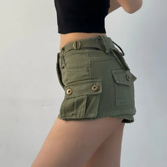 pantsparadises Denim Cargo Mini Skirt Women Korean Style Low Waist Slim Sexy Vintage Streetwear Green Jean Skirt Y2k Girl Summer