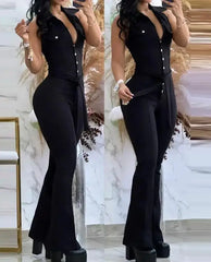 pantsparadises Jumpsuit Women Sexys Turn Down Collar Sleeveless Skinny Flared Jumpsuits One Piece Outfit Fashion Clothes Overall Rompers