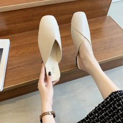 pantsparadises Women Mules Summer Elegant Square Closed Toe Flat Slippers Female Shoes Casual Leather Black White Slides Plus Size 35-43