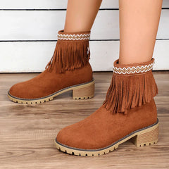 pantsparadises Womens Fashion Embroidered Ankle Boots Comfort Thick Wedge Heel Zipper Tassel Faux Suede Short Boots Cowboy Cowgirl Shoes 2024