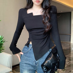 pantsparadises Irregular T Shirt for Women Autumn Slim Crop Top Korean Style Long Sleeve Tees Y2k Solid Ladies Tshirts Femme Clothing New