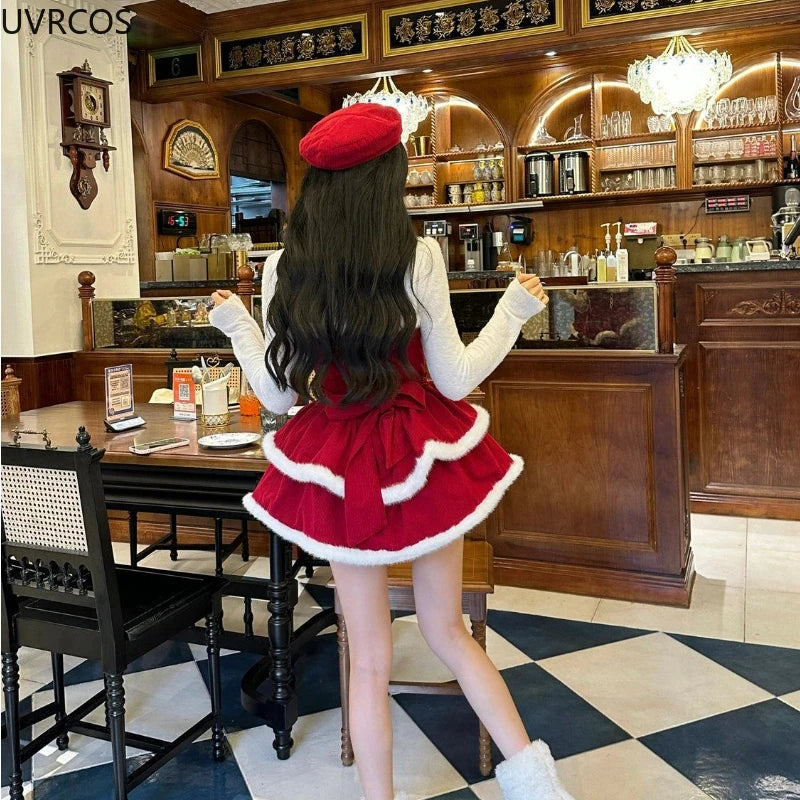 pantsparadises NEW YEAR DRESS TO IMPRESS Japanese Kawaii Lolita Dress Sets Women Hooded Shawl Short Jackets Bow Mini Skirt Korean Style Sweet Red Christmas New Year Suit