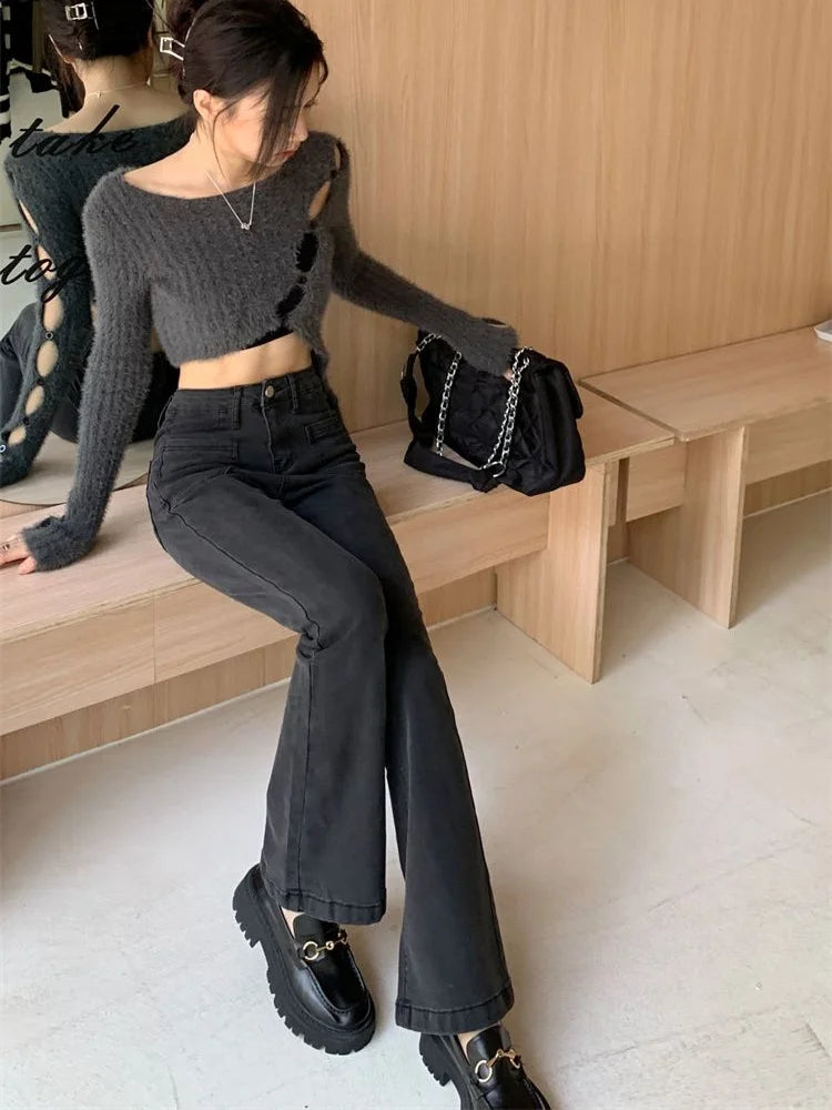 pantsparadises Black Gray High-waisted Flared Jeans Women's Retro Straight Elastic Slim Slim Wide-leg Flared Pants Female Trousers