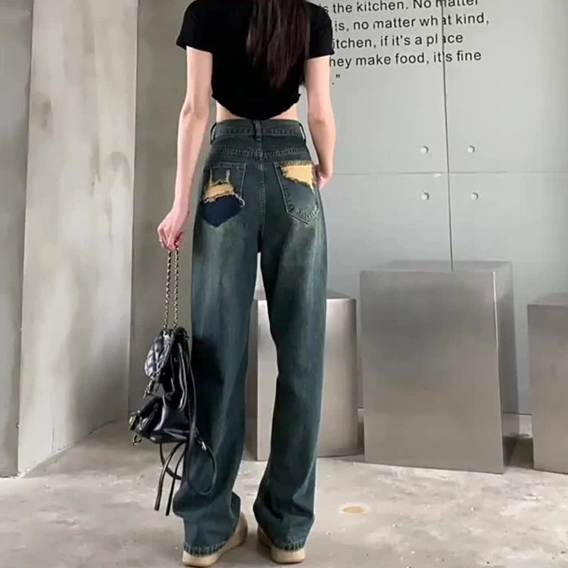 pantsparadises Wide Leg Jeans For Women High Waisted Contrasting Straight Leg Pant Autumn lady Loose Pants Streetwear