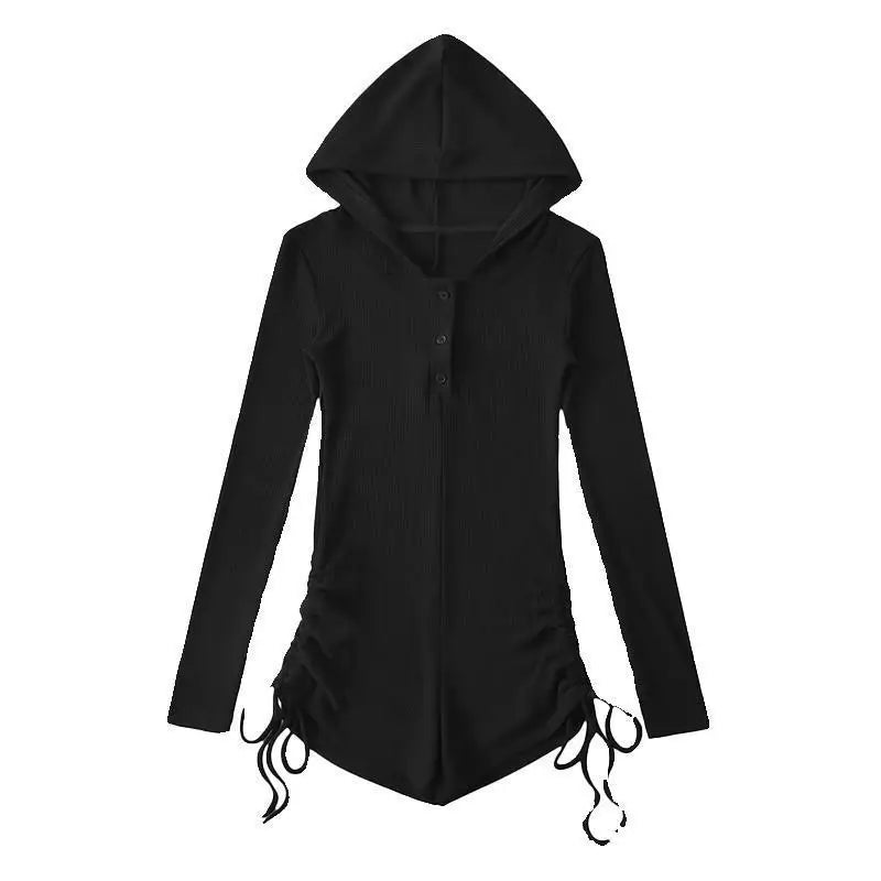 pantsparadises Wasteland Style Black Hooded Rompers for Women's Summer Thin Long Sleeve Drawstring Shorts Niche Slim Spicy Girl Jumpsuit Shorts