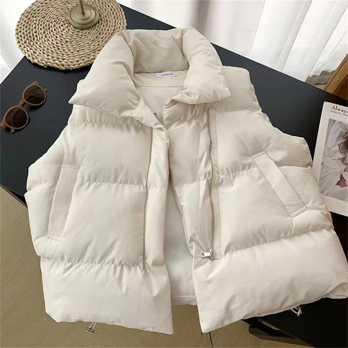 pantsparadises cold weather outfits Women Fashion Autumn New Stand Collar Elegant Down Coats Warm Outerwear Casual Belt Sleeveless Winter Women Vests Jackets