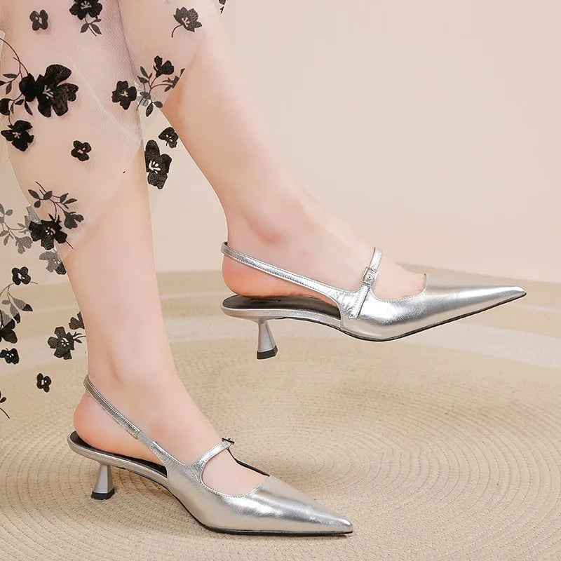 pantsparadises Shoes for Women New Pointed Toe Women's Slingback Sandals Simple and Elegant Dress Shoes High Quality Silver Heels Women