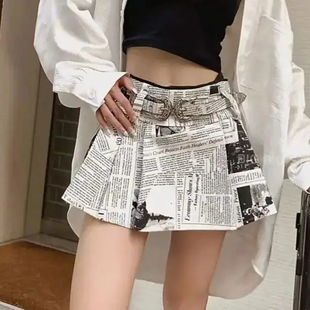 Newspaper Short Skirt Printed Pleated High Waist Spicy Girl For Women Summer New Fashion Causal A-Line Short Skirt Women