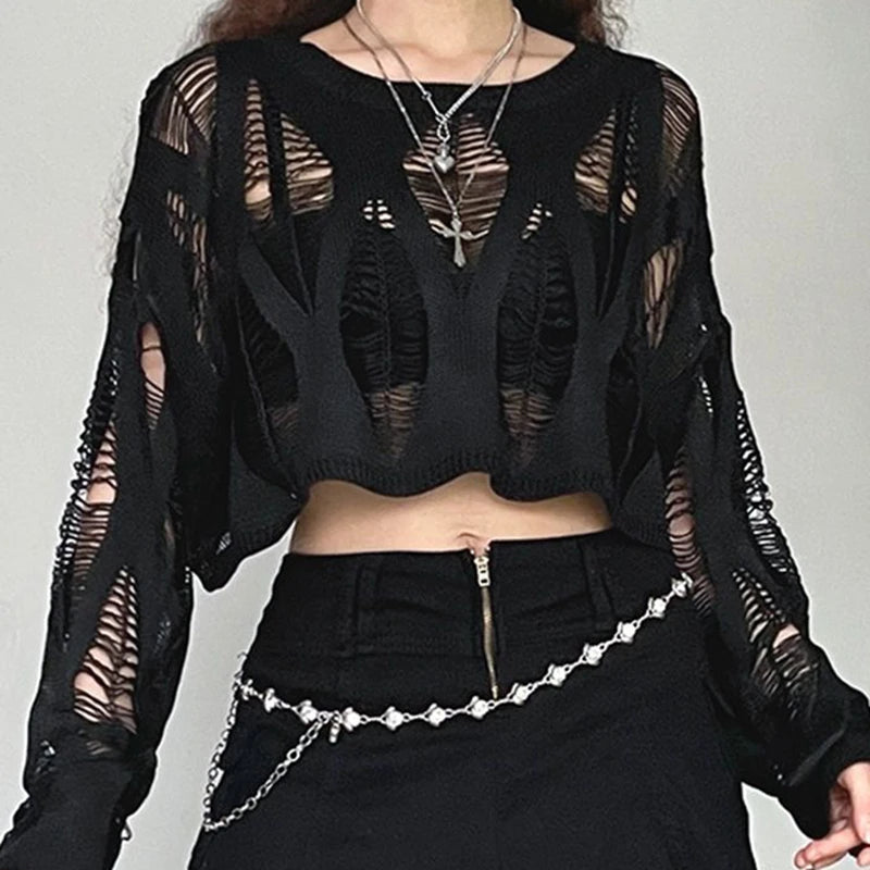 pantsparadises Women Hole Hollow Out Y2K T-shirts Batwing Sleeve Knitted Shirt For Women Loose Streetwear Tops Spring Autumn 2024