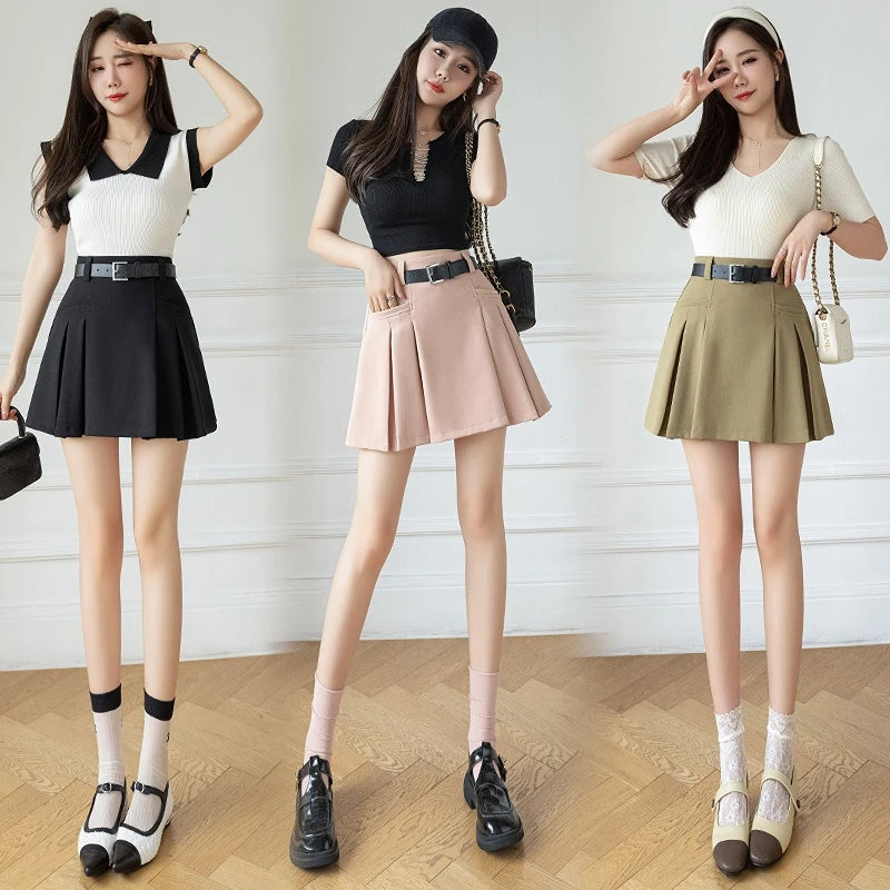 pantsparadises Korean Cute High Waist A-line Pleated Mini Skirt Women 2024 New Spring Summer Fashion Suit Short Skirts Woman Casual Skirts